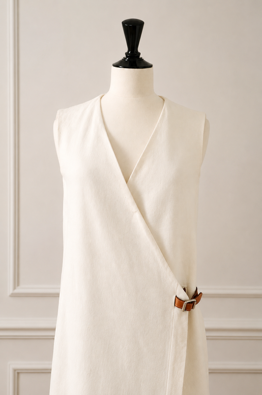 Hermès Vintage 1997-2003 Linen Wrap Dress Size 34 with Leather Tie