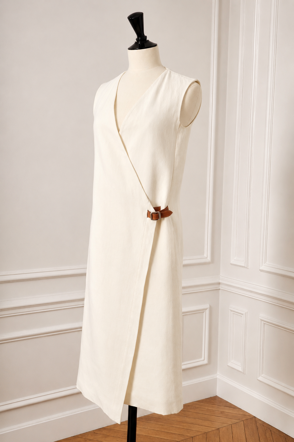 Hermès Vintage 1997-2003 Linen Wrap Dress Size 34 with Leather Tie