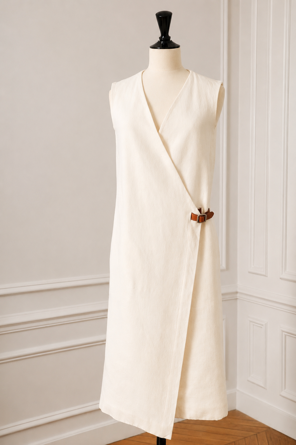 Hermès Vintage 1997-2003 Linen Wrap Dress Size 34 with Leather Tie
