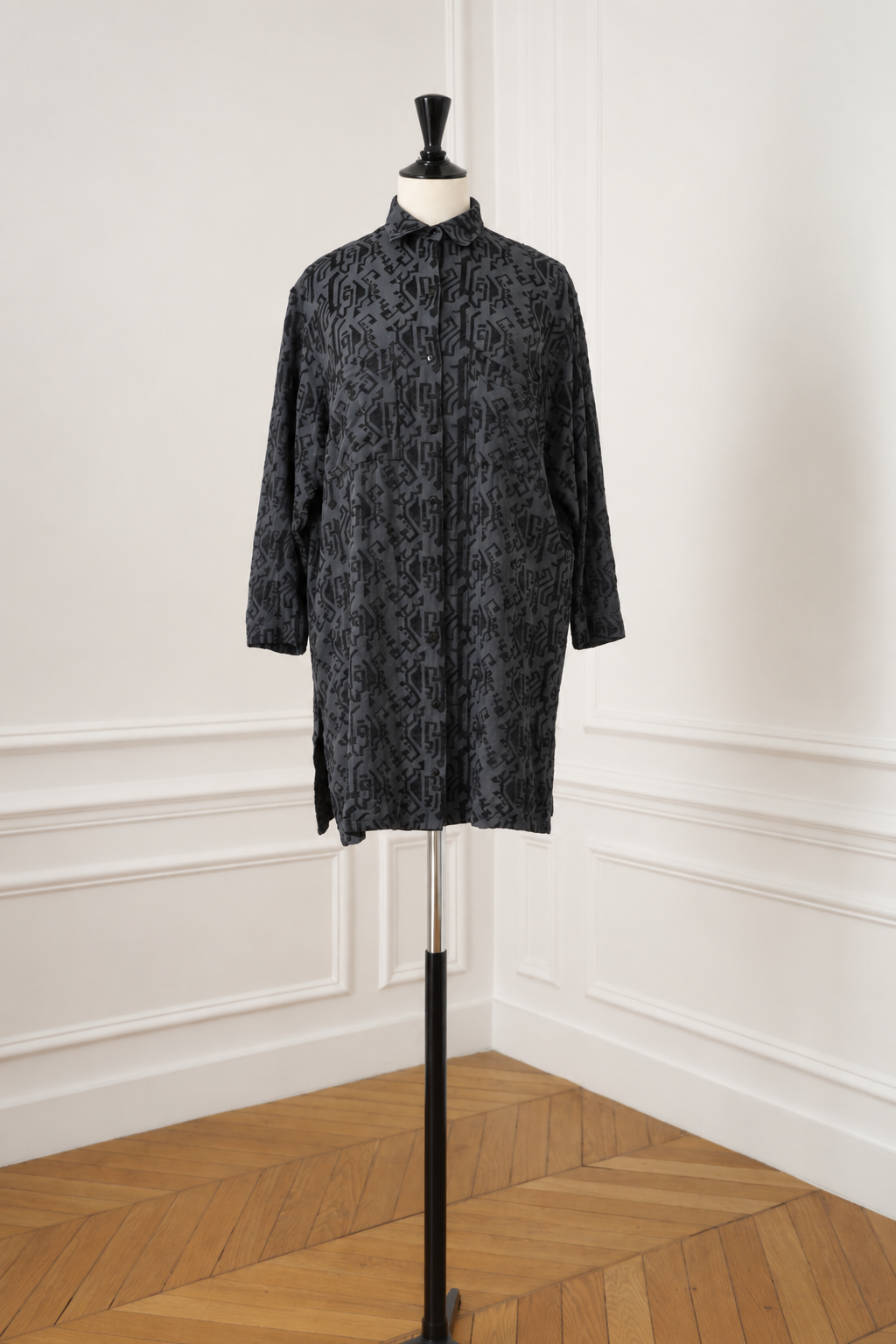 Azzedine Alaïa Vintage 1986 Embroidered Navy Blue Shirt Dress Women's