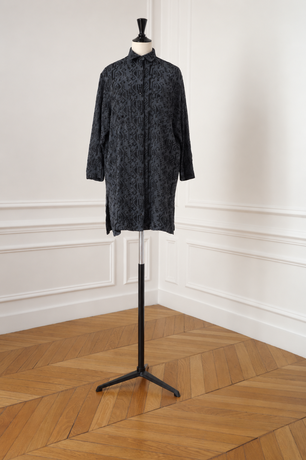 Azzedine Alaïa Vintage 1986 Embroidered Navy Blue Shirt Dress Women's